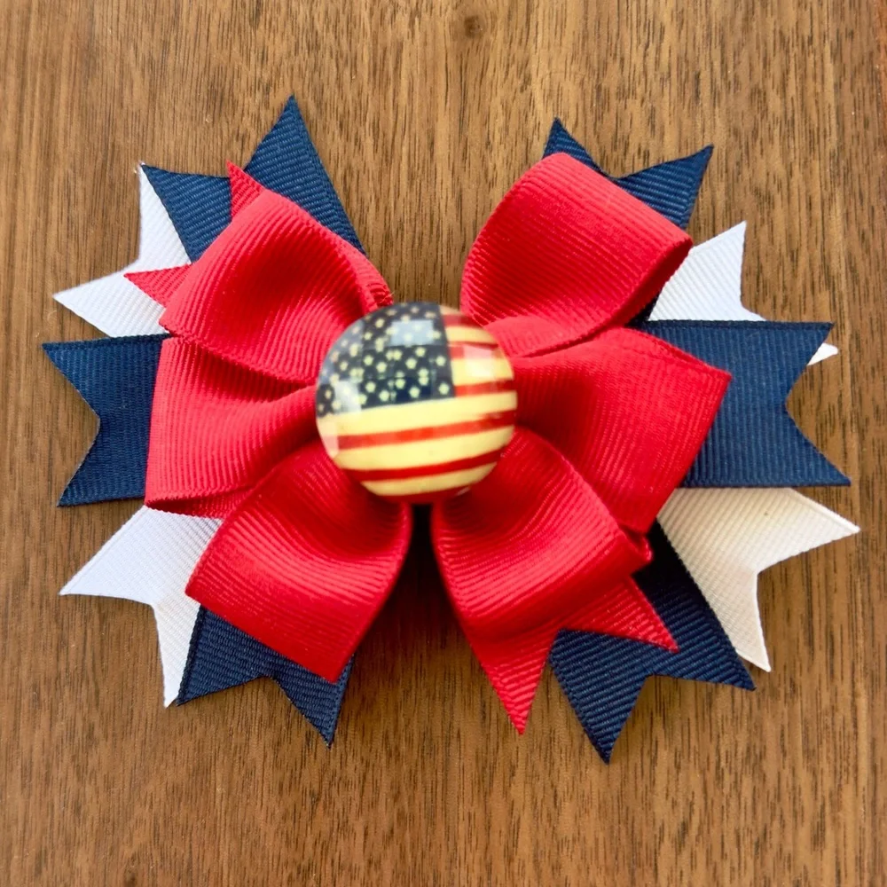 Red/White/Blue Flag Embellished Hair Bow with Clip - Handmade by Me